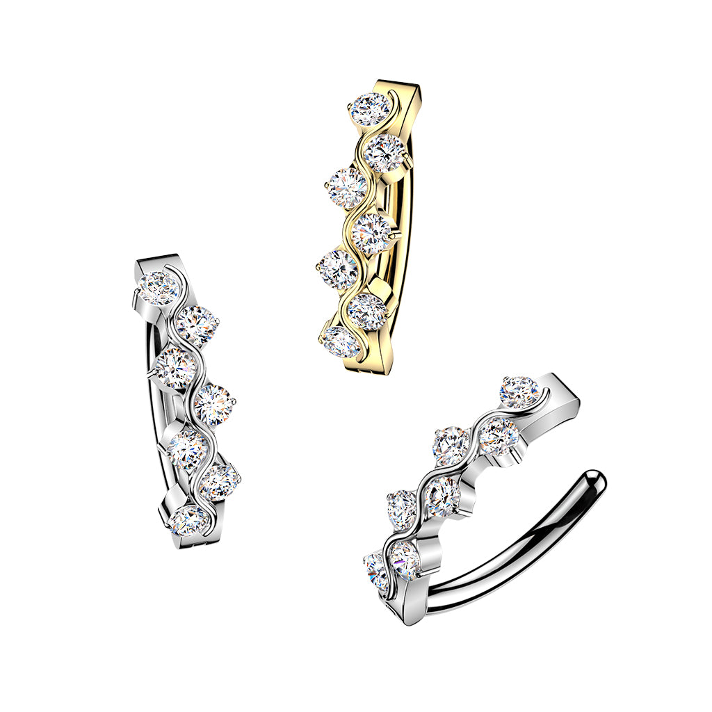 TITANIUM SILVER CRYSTAL WAVE BELLY CLICKER HOOP- 10MM - 14 GAUGE