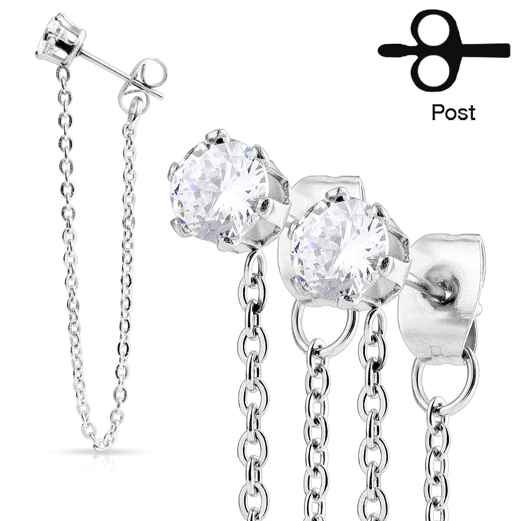 SILVER CUBIC ZIRCONIA CRYSTAL STUD EARRINGS WITH CHAIN CHARM DETAIL