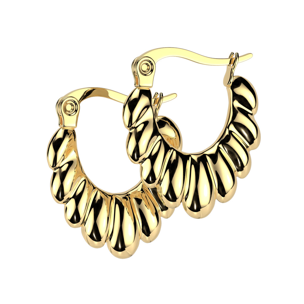 GOLD SCALLOPED OVAL MEDIUM HOOP EARRINGS - 20 GAUGE