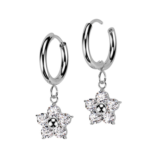 CRYSTAL FLOWER CHARM HOOP EARRINGS - 10MM - 18 GAUGE
