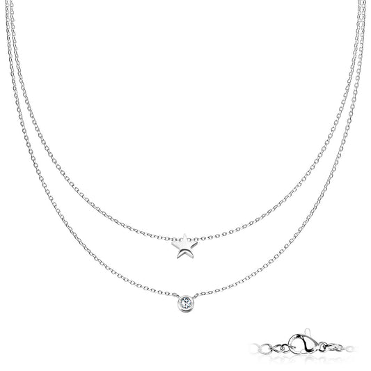 SILVER DAINTY STAR AND CRYSTAL DOUBLE LAYERED CHAIN NECKLACE