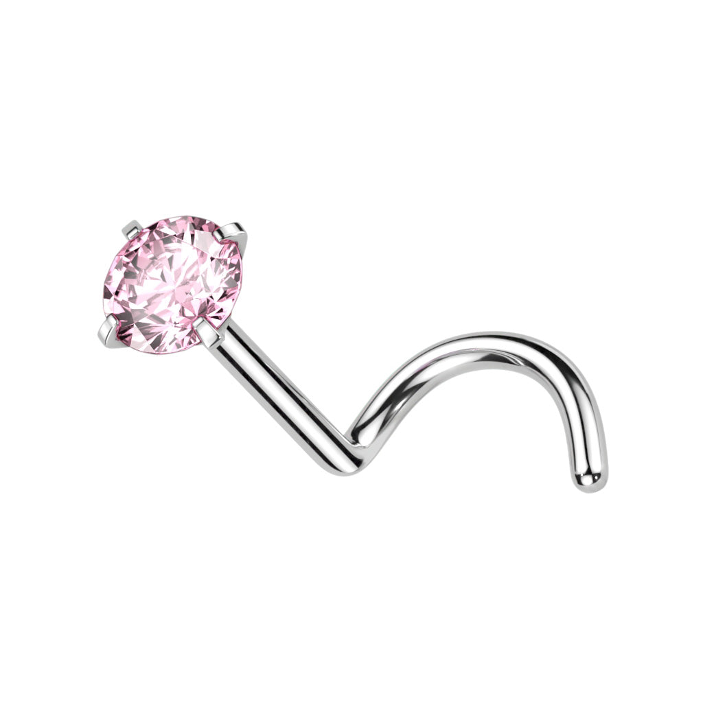 TITANIUM PINK CRYSTAL CORKSCREW NOSE STUD - 20 GAUGE - 6MM