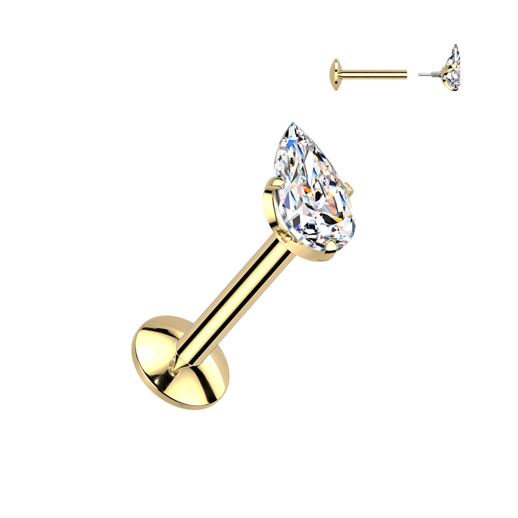 TITANIUM GOLD CRYSTAL TEARDROP FLAT BACK LABRET - 6MM