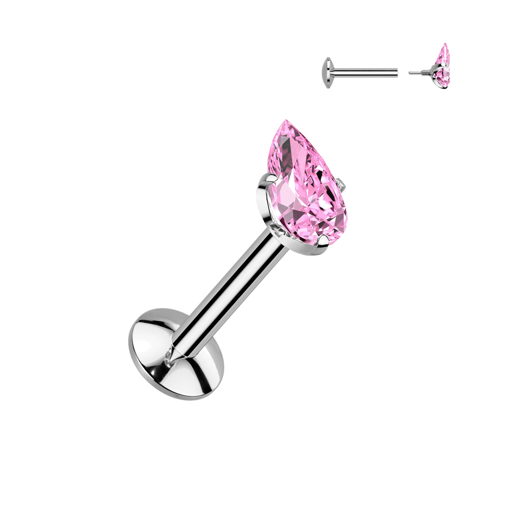 TITANIUM PINK CRYSTAL TEARDROP FLAT BACK LABRET - 6MM