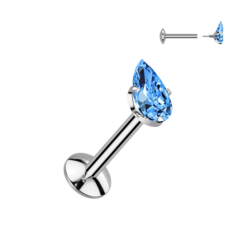 TITANIUM BLUE CRYSTAL TEARDROP FLAT BACK LABRET - 6MM