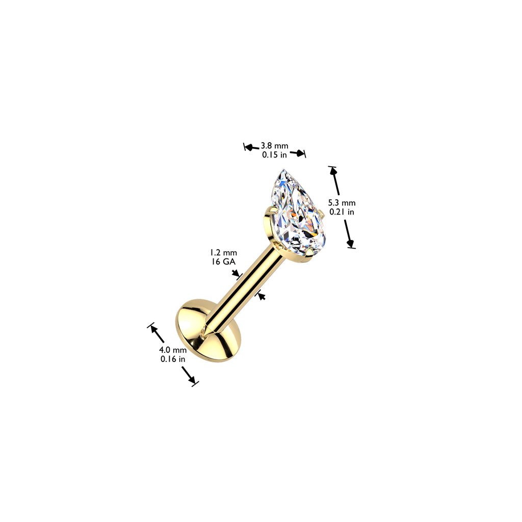 TITANIUM GOLD CRYSTAL TEARDROP FLAT BACK LABRET - 6MM