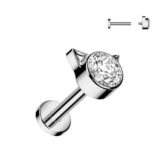TITANIUM SILVER CRYSTAL KITTY CAT FLAT BACK LABRET - 6MM