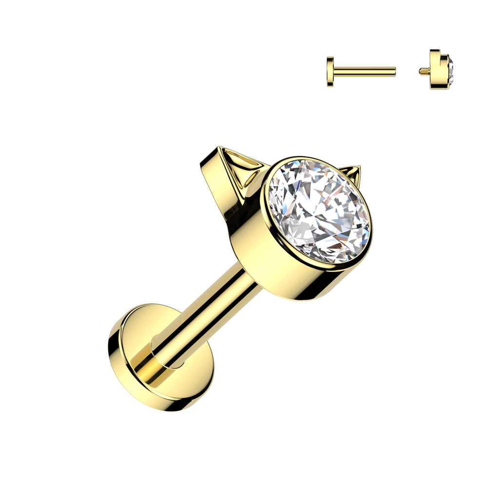 TITANIUM GOLD CRYSTAL KITTY CAT FLAT BACK LABRET - 6MM