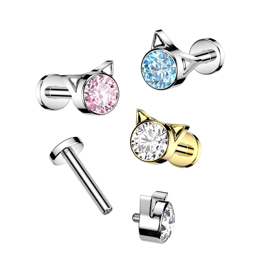 TITANIUM BLUE CRYSTAL KITTY CAT FLAT BACK LABRET - 6MM