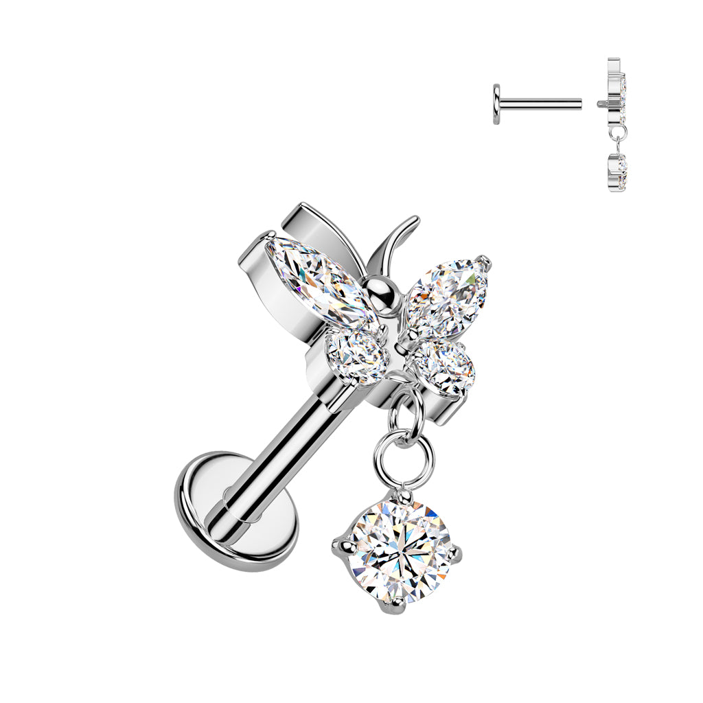 TITANIUM CRYSTAL BUTTERFLY DANGLY CHARM FLAT BACK LABRET - 8MM - 16 GAUGE
