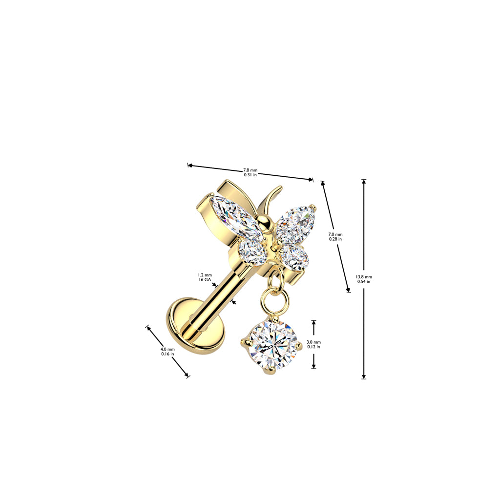TITANIUM CRYSTAL BUTTERFLY DANGLY CHARM FLAT BACK LABRET - 8MM - 16 GAUGE