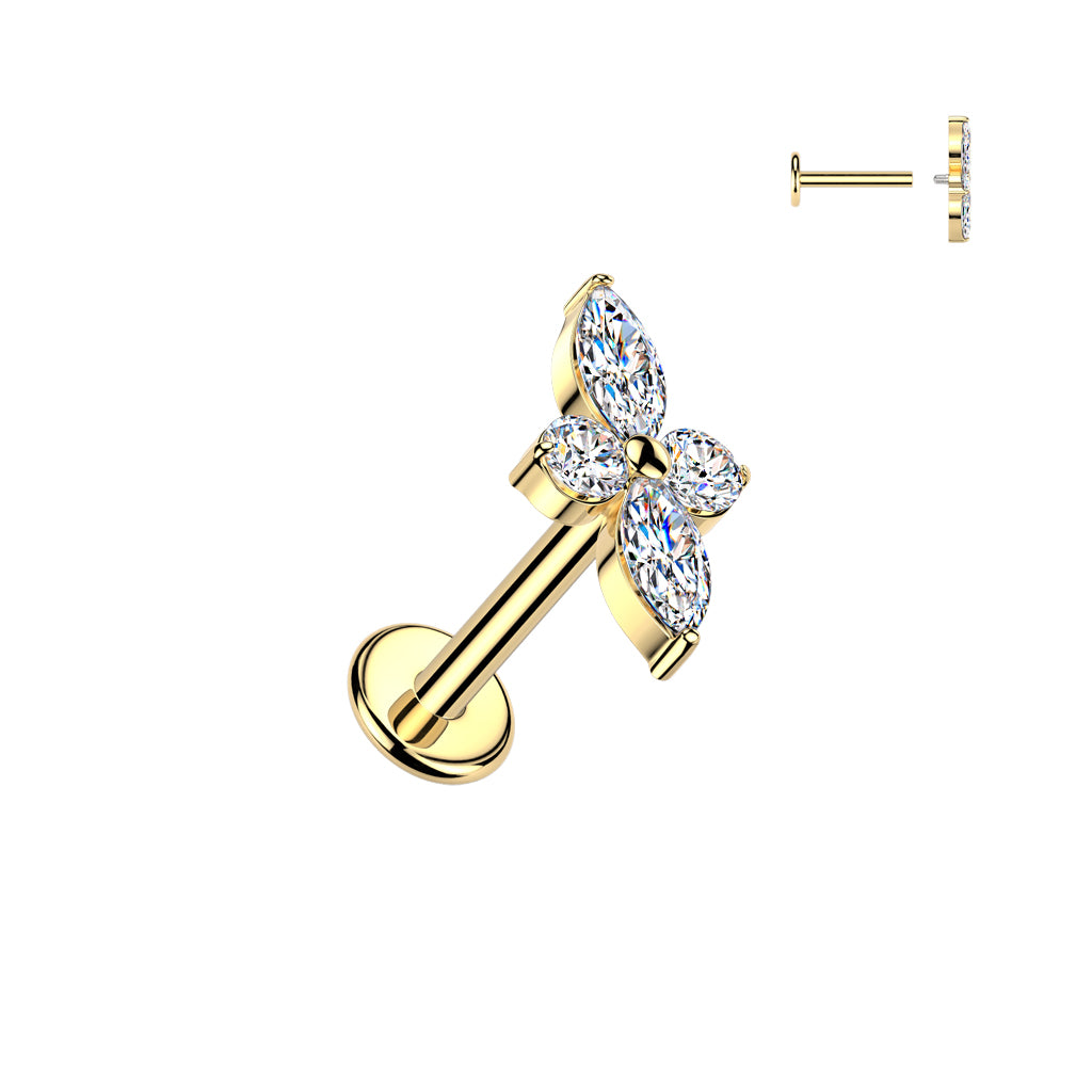 TITANIUM MARQUISE FLOWER LEAF FLAT BACK LABRET - 16 GAUGE - 6MM
