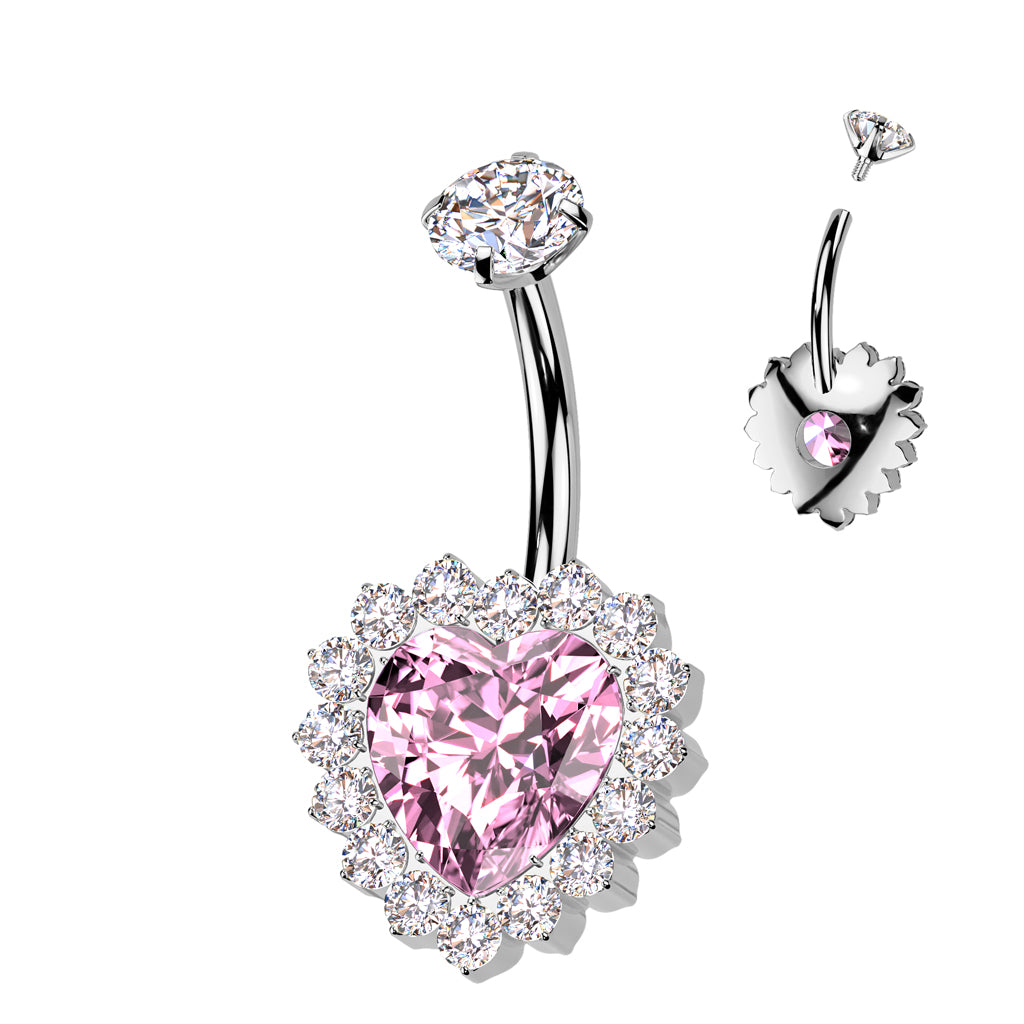 TITANIUM PINK CRYSTAL FILLED LOVE HEART BELLY BAR - 10MM - 14 GAUGE