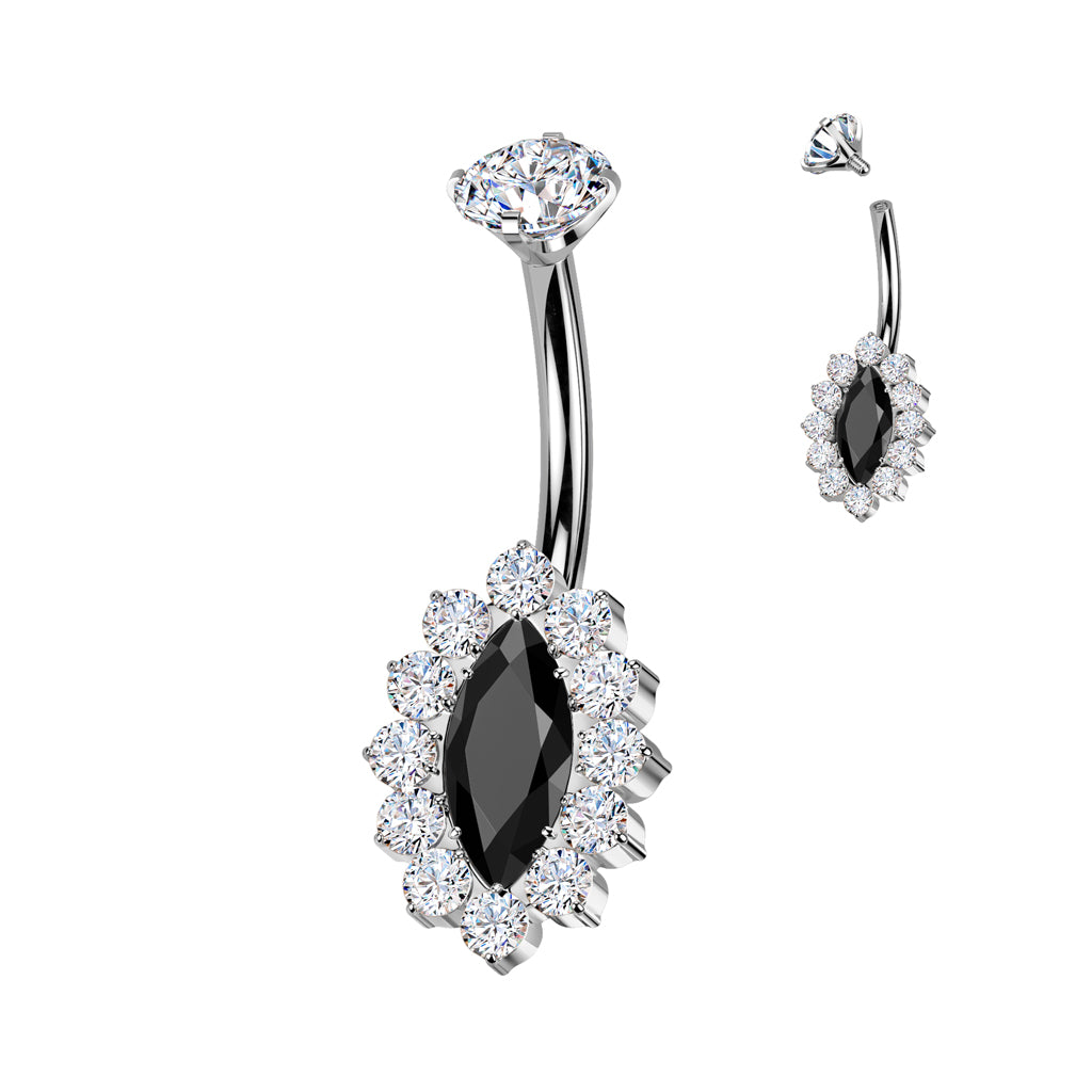 TITANIUM BLACK OVAL CENTRE CRYSTAL BELLY BAR -10MM - 14 GAUGE