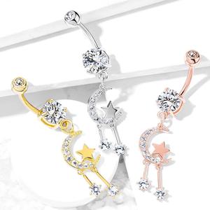 CRYSTAL MOON & STARS CHARM BELLY BAR - 10MM
