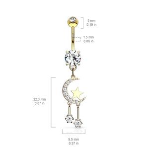 CRYSTAL MOON & STARS CHARM BELLY BAR - 10MM