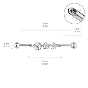 TRIPLE FLOWER DANGLE CHARM INDUSTRIAL SURFACE BARBELL / 38MM