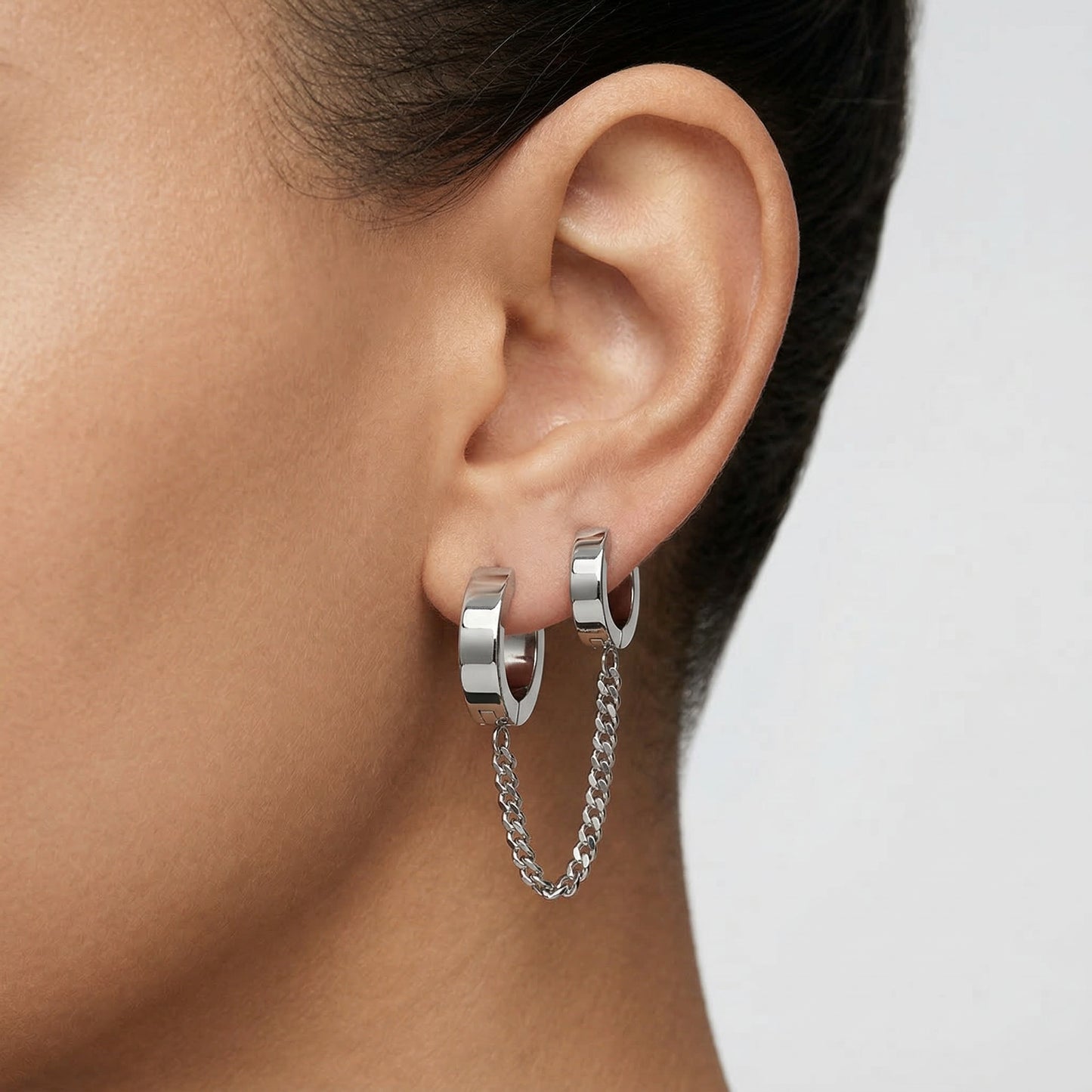 ROSE GOLD CHUNKY DOUBLE HOOP EARRINGS WITH CHAIN CHARM CONNECTOR - 18 GAUGE