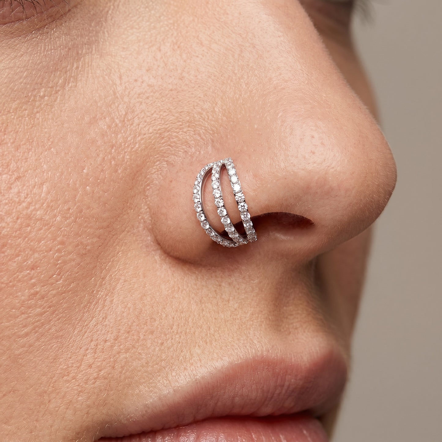 TITANIUM TRIPLE CRYSTAL LINED NOSE RING / EAR HOOP - 7MM - 20 GAUGE