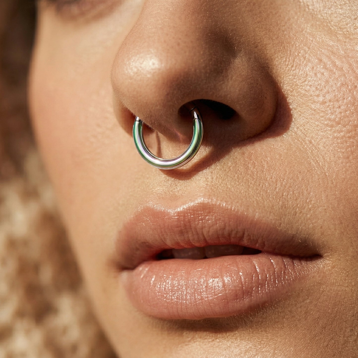 TITANIUM PHOTOCHROMIC RAINBOW HINGED SEGMENT HOOP RING - 8MM - 16 GAUGE