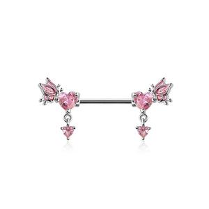 PINK CRYSTAL BUTTERFLY & LOVE HEART CHARM NIPPLE BAR