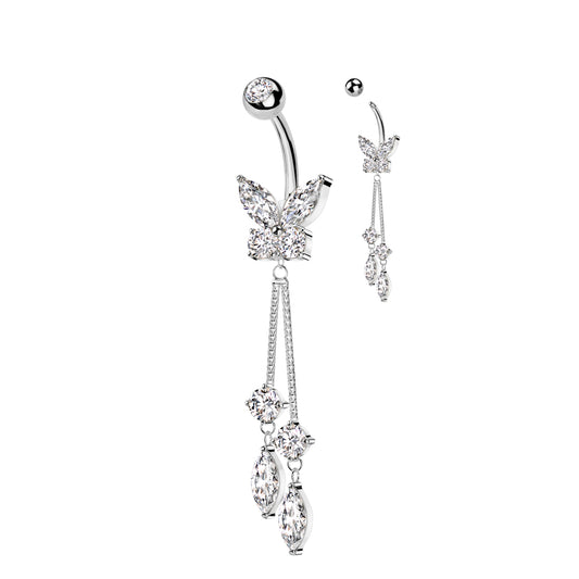 CRYSTAL BUTTERFLY DANGLY CHARM BELLY BAR - 10MM