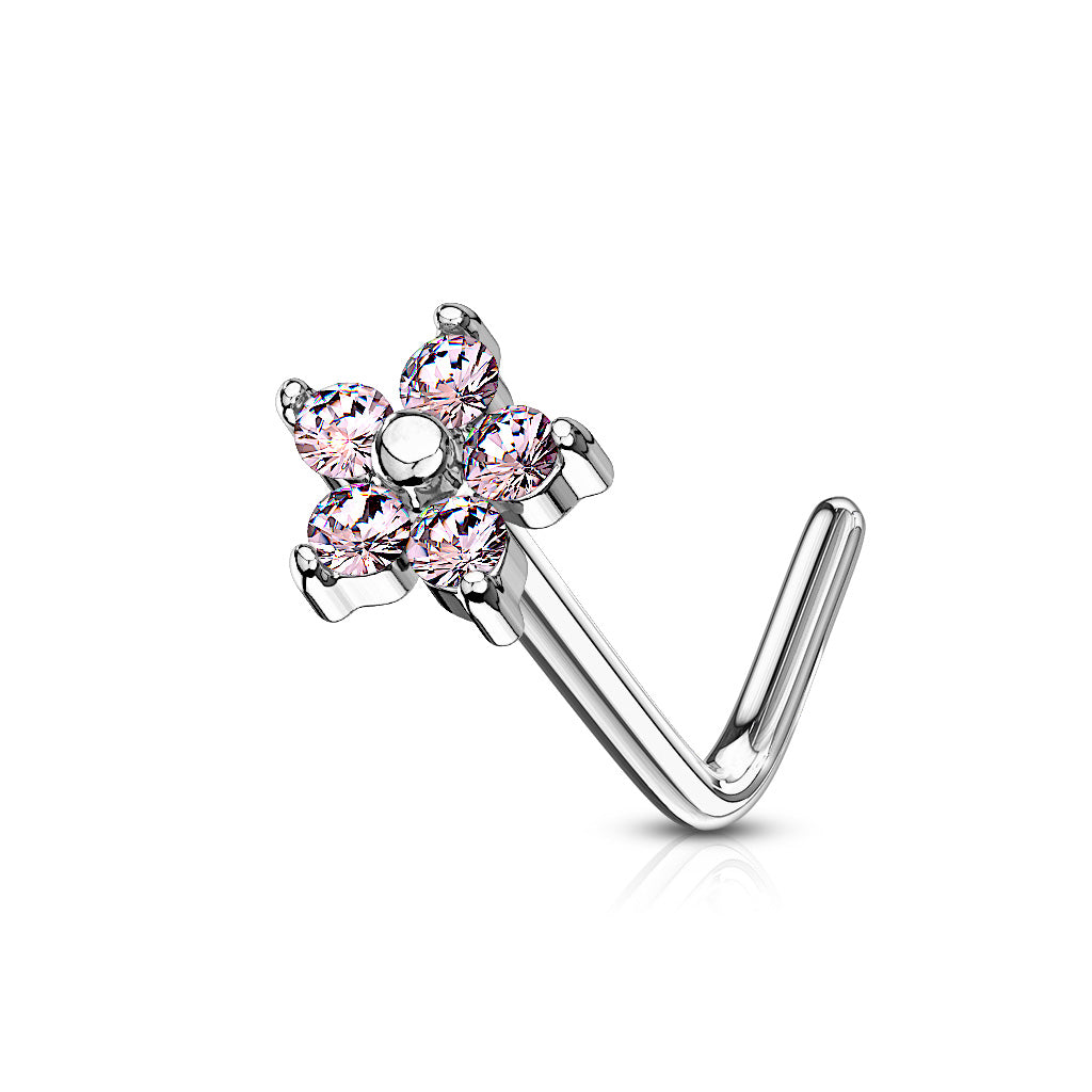 PRETTY DAINTY CRYSTAL FLOWER L BEND NOSE STUD