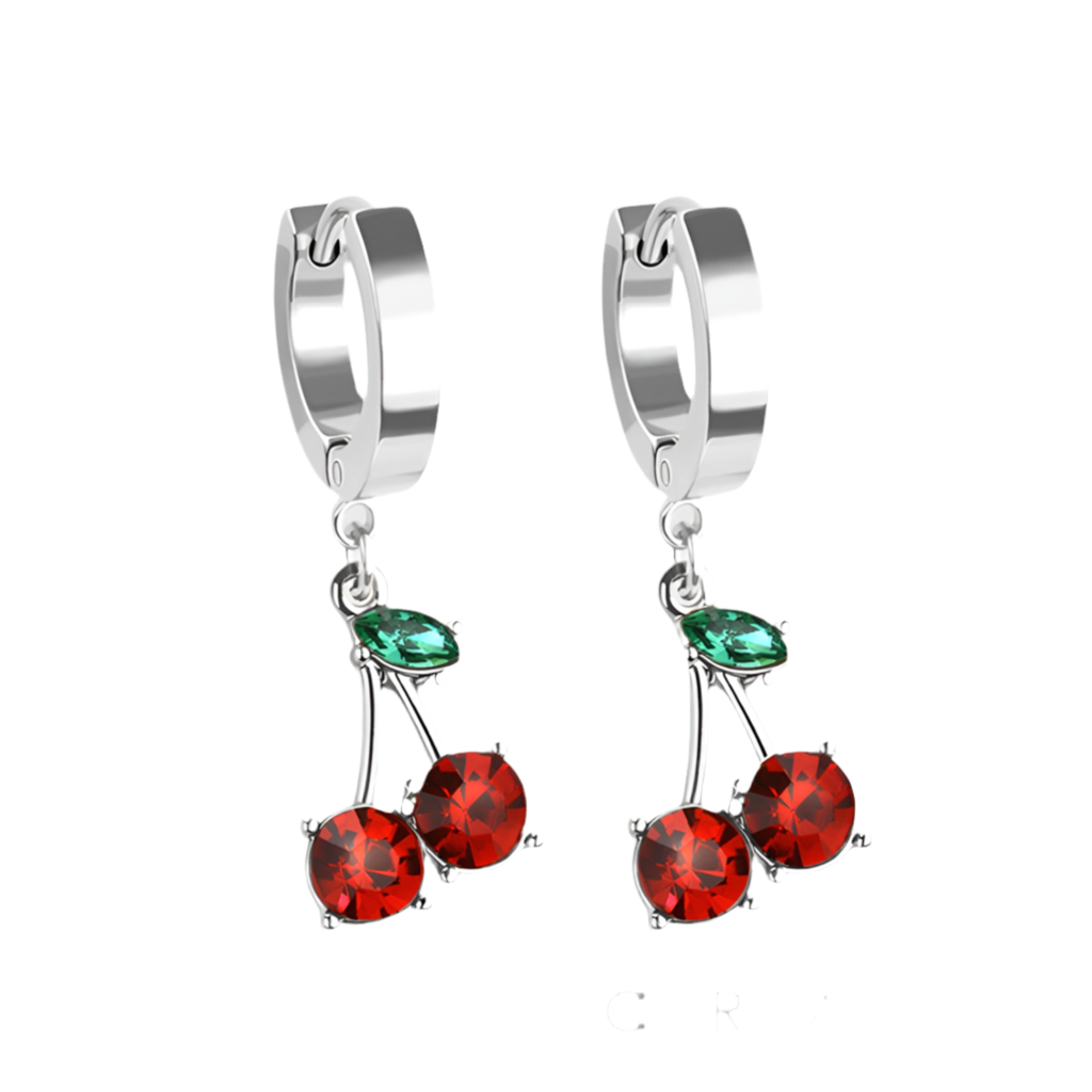 CRYSTAL CHERRY CHARM HOOP EARRINGS