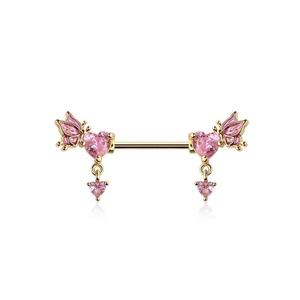 PINK CRYSTAL BUTTERFLY & LOVE HEART CHARM NIPPLE BAR