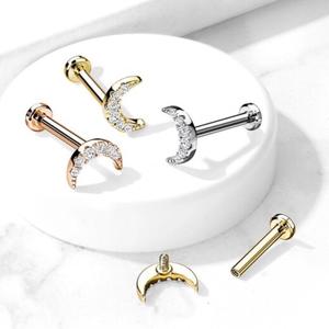 16 Gauge Internally Threaded Flat Back Crystal Moon Stud Suitable for cartilage, tragus, labret, monroe & more Female Male Birthday Engagement Metal Coating