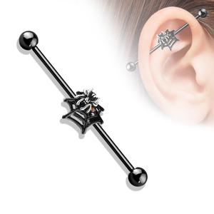 Crystals Set Spider on Web 316L Surgical Steel Industrial Barbell