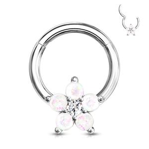 SILVER OPAL FLOWER HINGED HOOP RING -