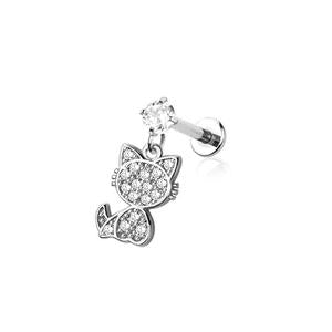 CRYSTAL KITTY CAT CHARM FLAT BACK LABRET STUD - 8MM