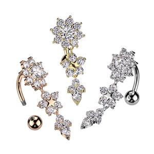 CRYSTAL FLOWER DANGLE REVERSE BELLY BAR - 10MM