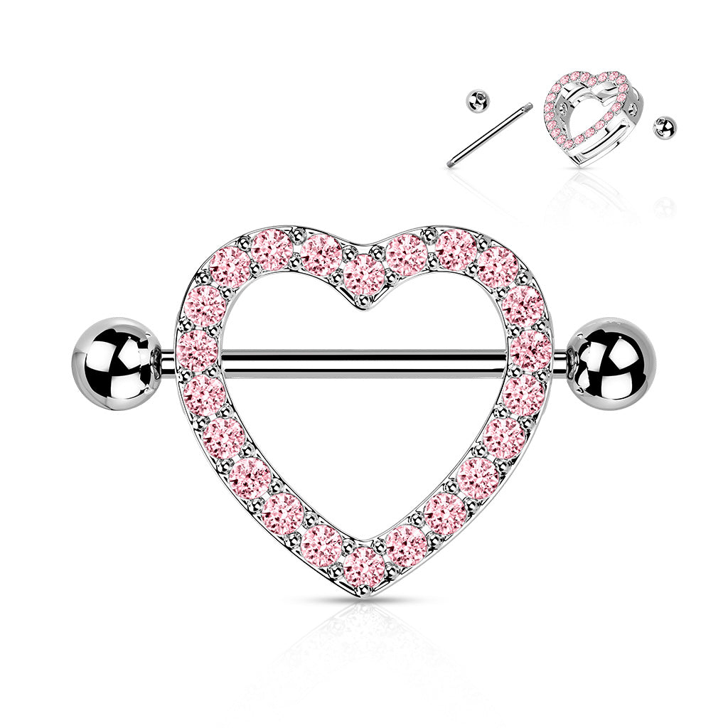 PINK CRYSTAL HEART NIPPLE CHEST SHIELD BARBELL