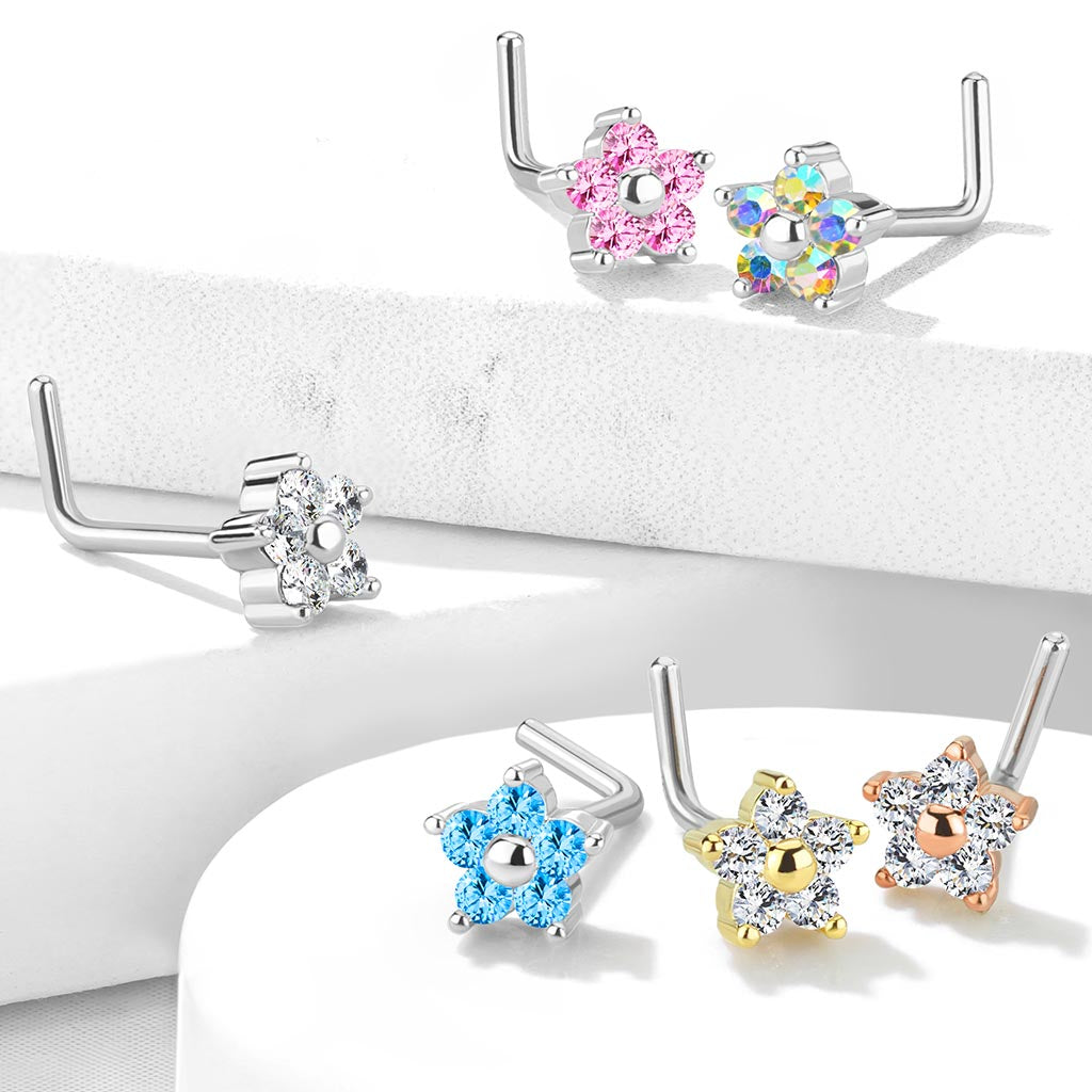 PRETTY DAINTY CRYSTAL FLOWER L BEND NOSE STUD