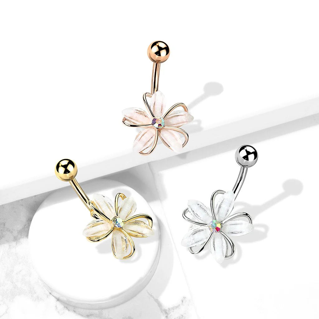 AURORA CRYSTAL CENTRE FLOWER BELLY BAR - 10MM