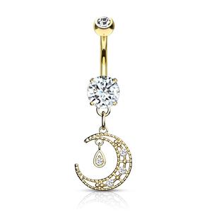 CRESCENT MOON CHARM DANGLE BELLY RING BARBELL