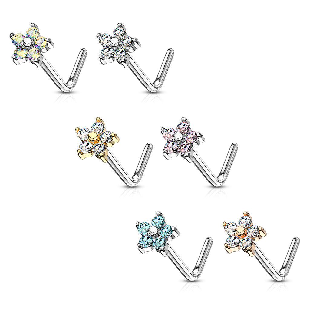 PRETTY DAINTY CRYSTAL FLOWER L BEND NOSE STUD