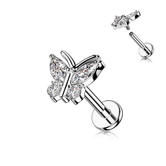 LARGE BUTTERFLY CRYSTAL FLAT BACK LABRET STUD