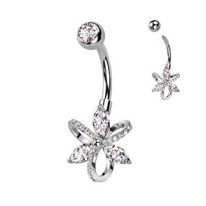 SILVER CRYSTAL FLOWER BELLY BAR - 10MM