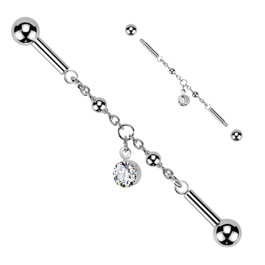 CRYSTAL CHAIN INDUSTRIAL BARBELL WITH DANGLY CHARM - 14 GAUGE - 38MM