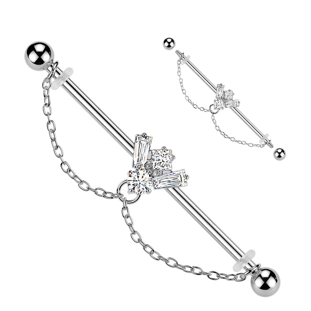 CRYSTAL CLUSTER WITH CHAIN CHARM INDUSTRIAL BARBELL - 14 GAUGE - 38MM