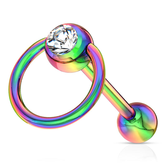 RAINBOW RING & CRYSTAL TONGUE BAR - 14 GAUGE - 16MM