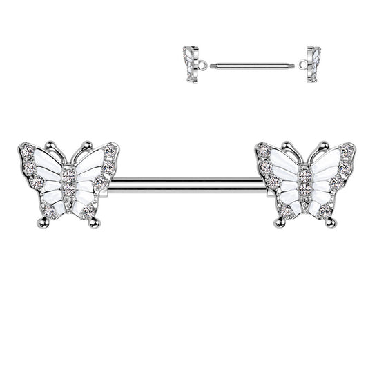 ENAMEL & CRYSTAL BUTTERFLY NIPPLE BARBELLS