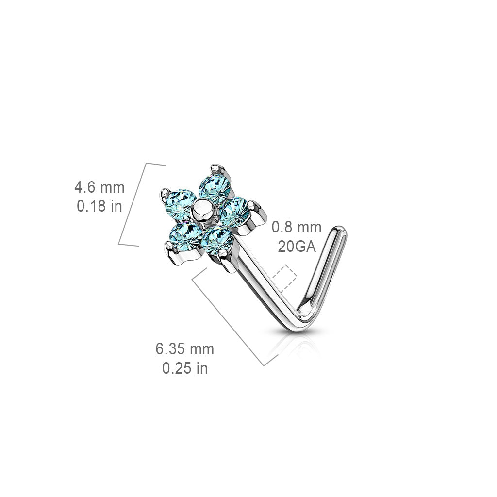 PRETTY DAINTY CRYSTAL FLOWER L BEND NOSE STUD