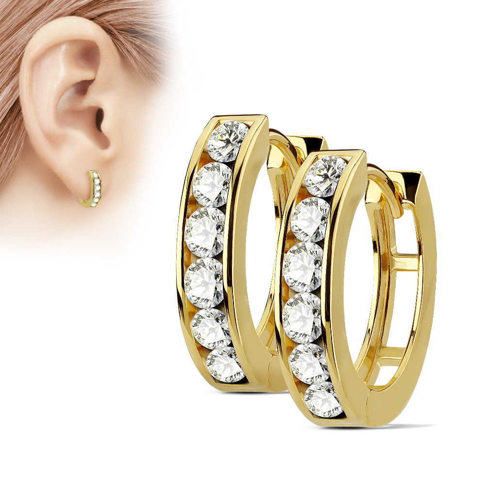 CHUNKY GOLD CRYSTAL LINED 12MM HOOP EARRINGS - CUBIC ZIRCONIA