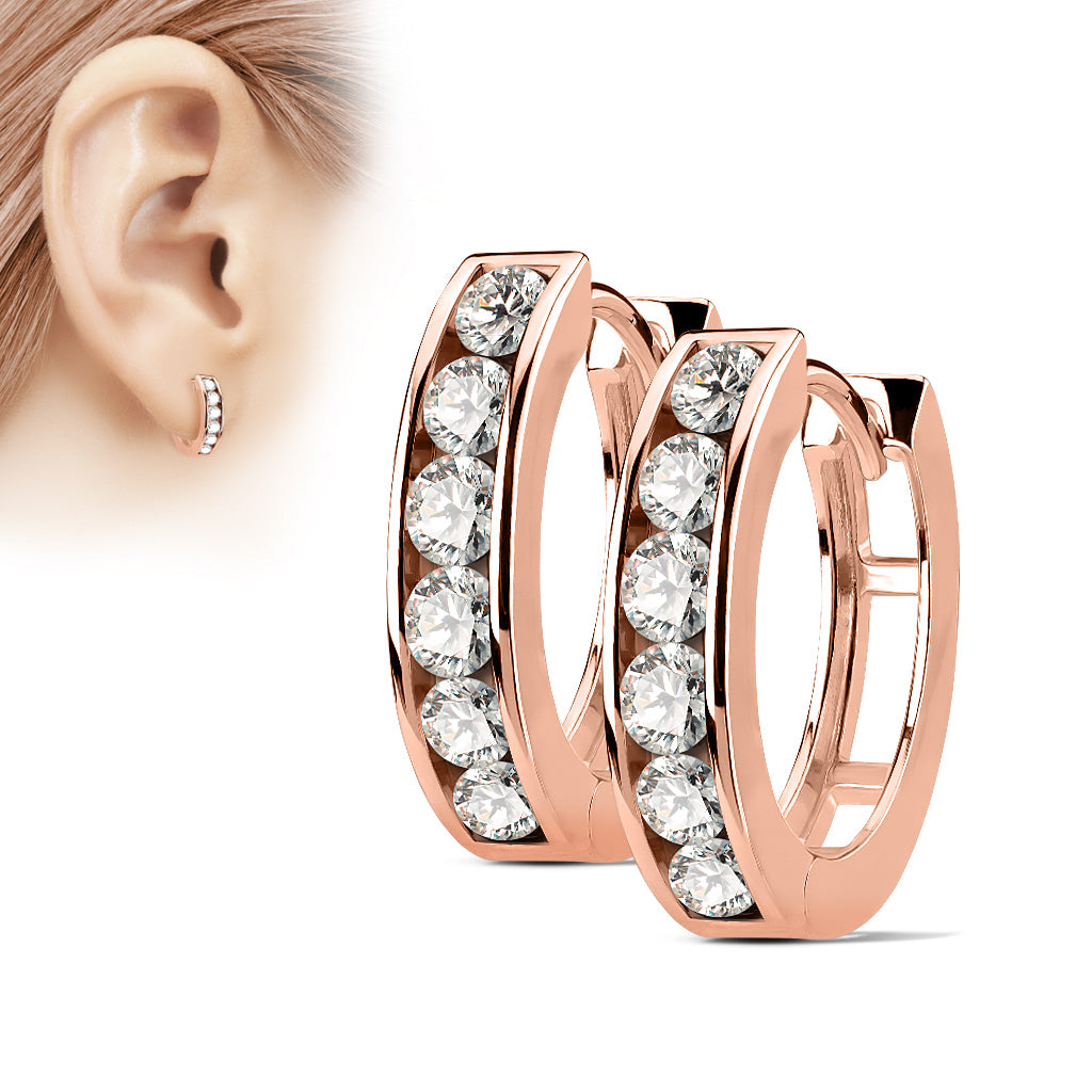 CHUNKY ROSE GOLD CRYSTAL LINED 12MM HOOP EARRINGS - CUBIC ZIRCONIA