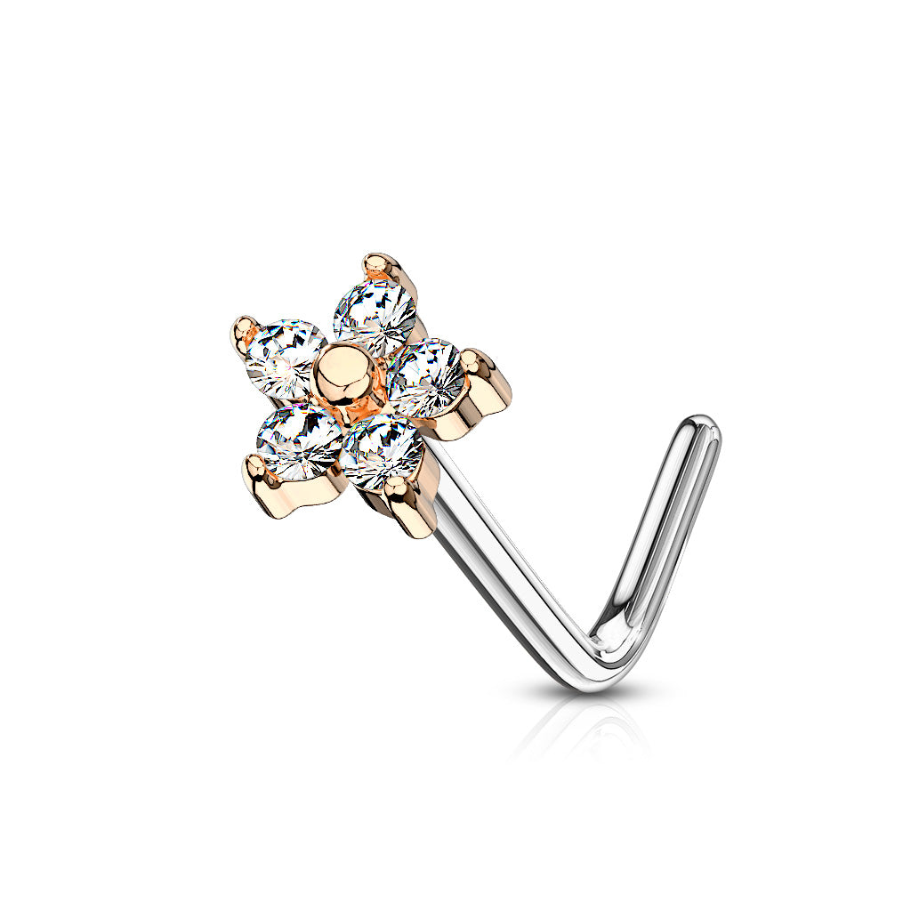 PRETTY DAINTY CRYSTAL FLOWER L BEND NOSE STUD