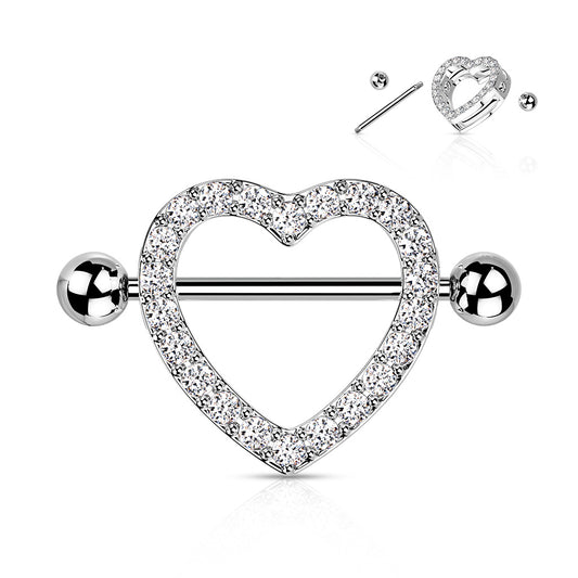 SILVER CRYSTAL HEART NIPPLE CHEST SHIELD BARBELL